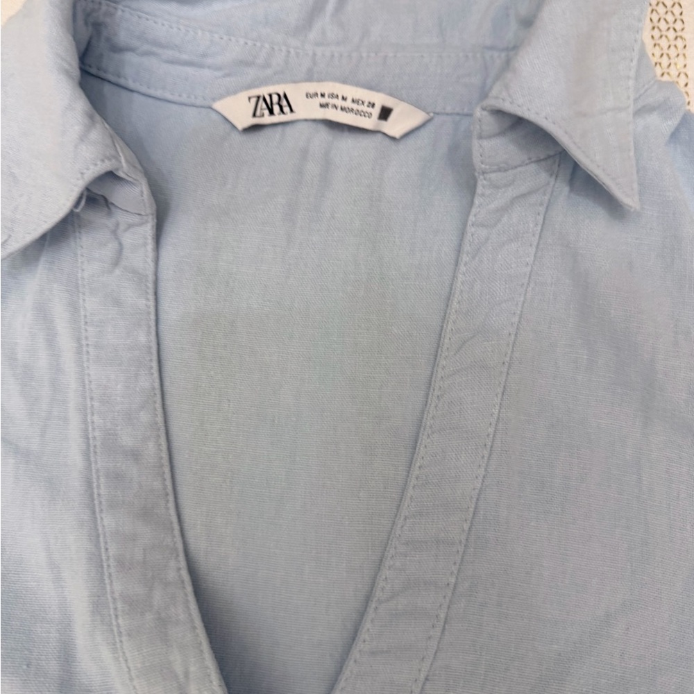 ZARA Linen Blend Tiered Babydoll Mini Dress Blue Medium Coastal Summer - Picture 3 of 7